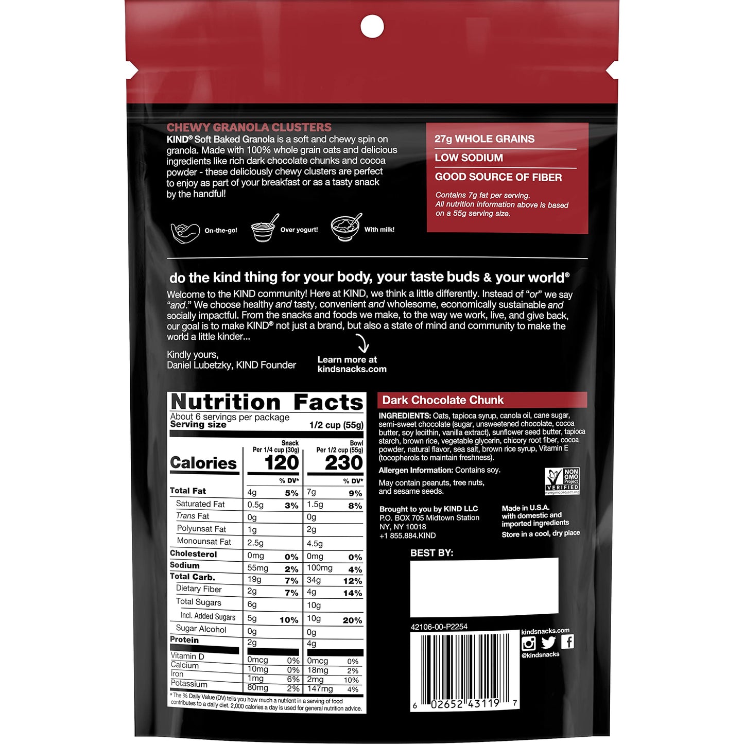 Kind Soft Baked Granola, Dark Chocolate Chunk, Gluten Free, Healthy Snack Mix, 4g Protein, 11oz, 5 Count
