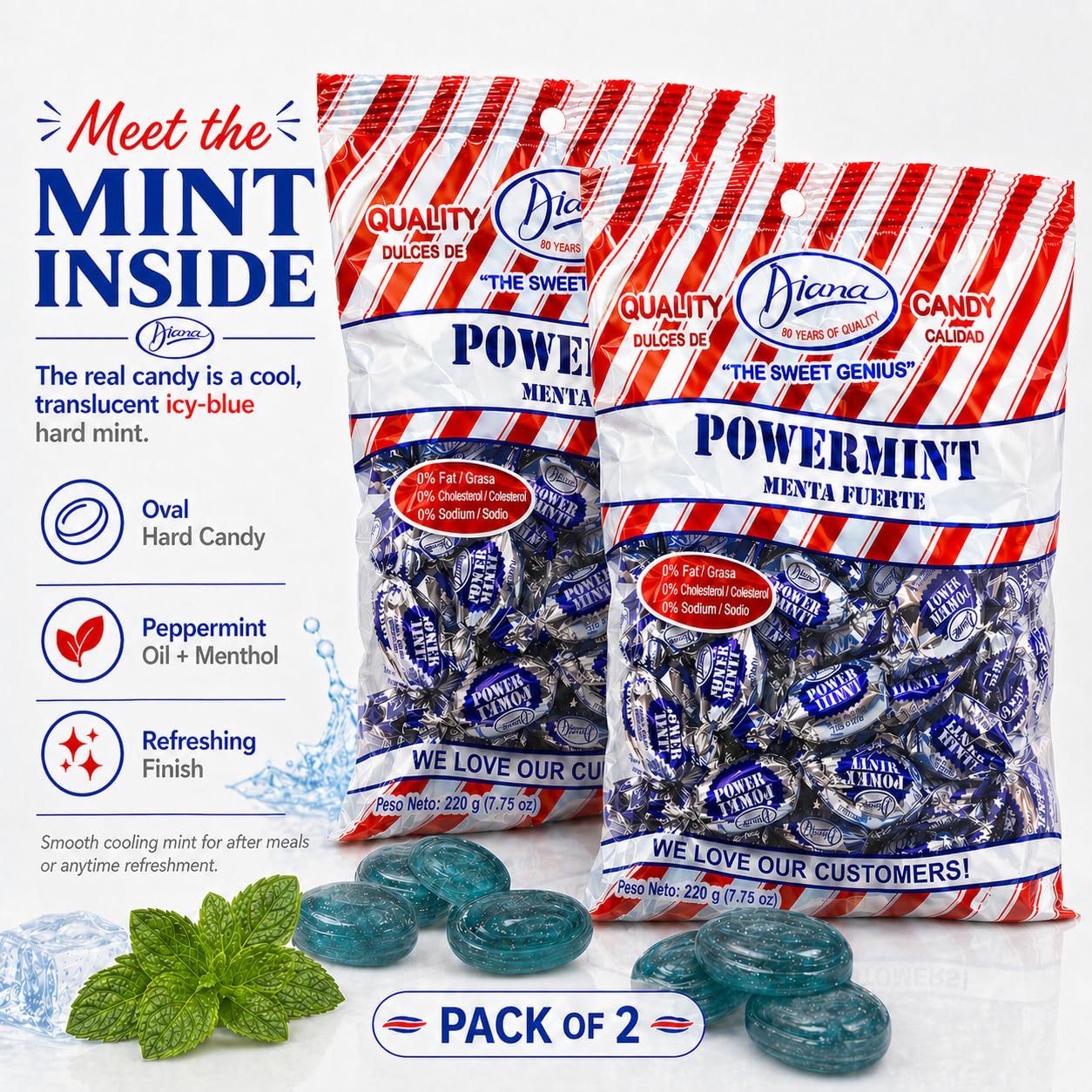 Diana Power Mint - Powerful Breath Mints Individually Wrapped - 220g Hard Candy Pouch (Pack of 2)