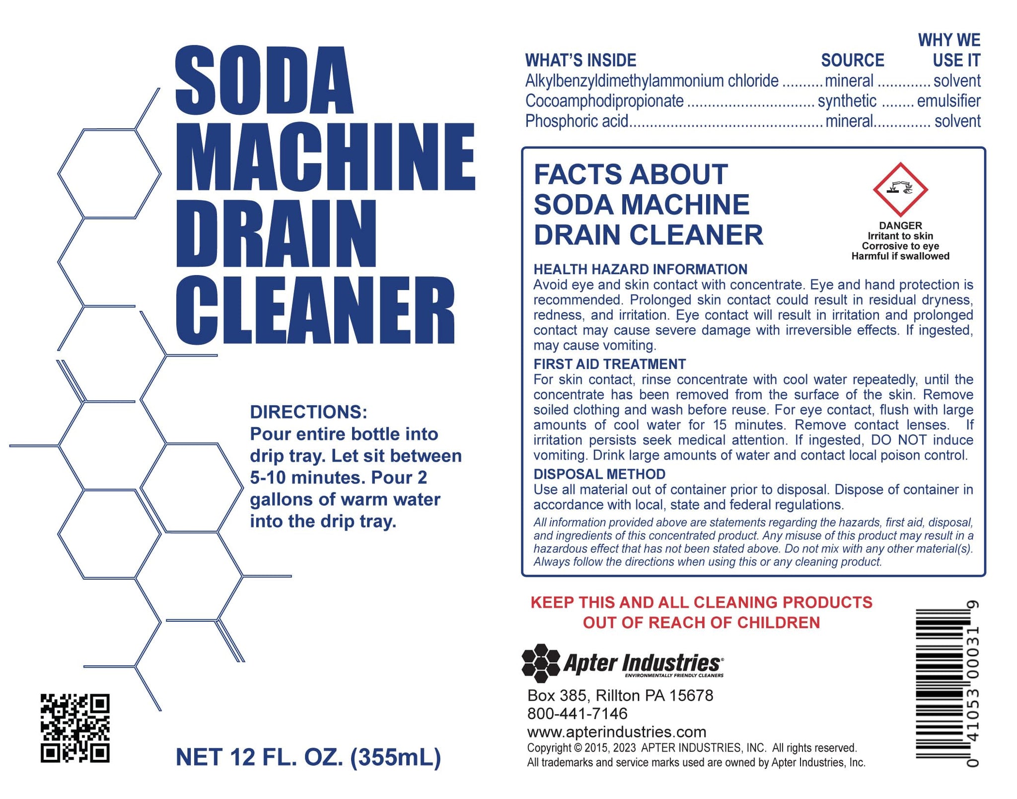 Apter Industries Soda Machine Drain Cleaner - Safe & Non-Corrosive Fountain Drink Machine Line Cleaner for Syrup & Sugar Buildup - Easy Monthly