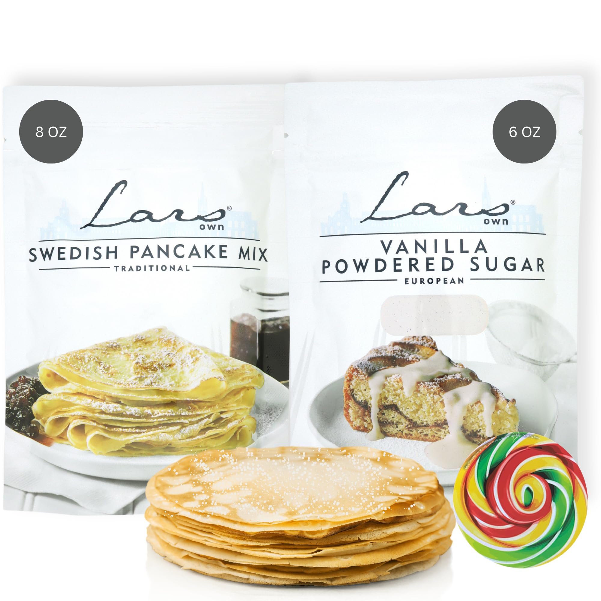 Sweetzo Swedish Pancake Mix and Vanilla Powdered Sugar, For Baking, Pancakes and Crepe Making Kit, Bulk Bags, 6 and 8 Ounces Each (Pack of 2)