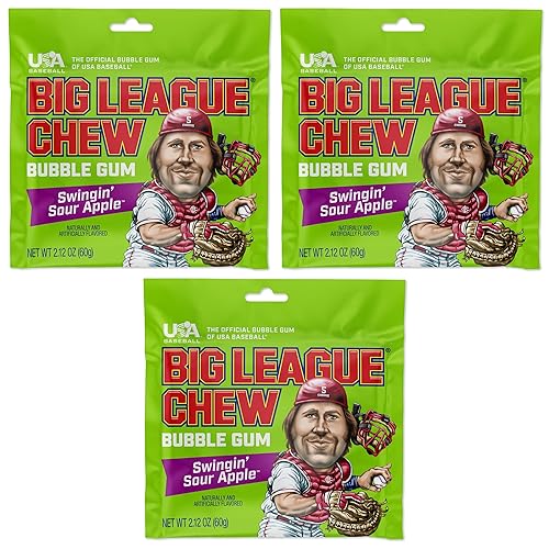 Big League Chew Sour Apple Bubble Gum 3-Pack - 2.12oz Packets - Swingin’ Sour Apple Baseball Gum - Big League Chew Baseball Candy Set for Treats