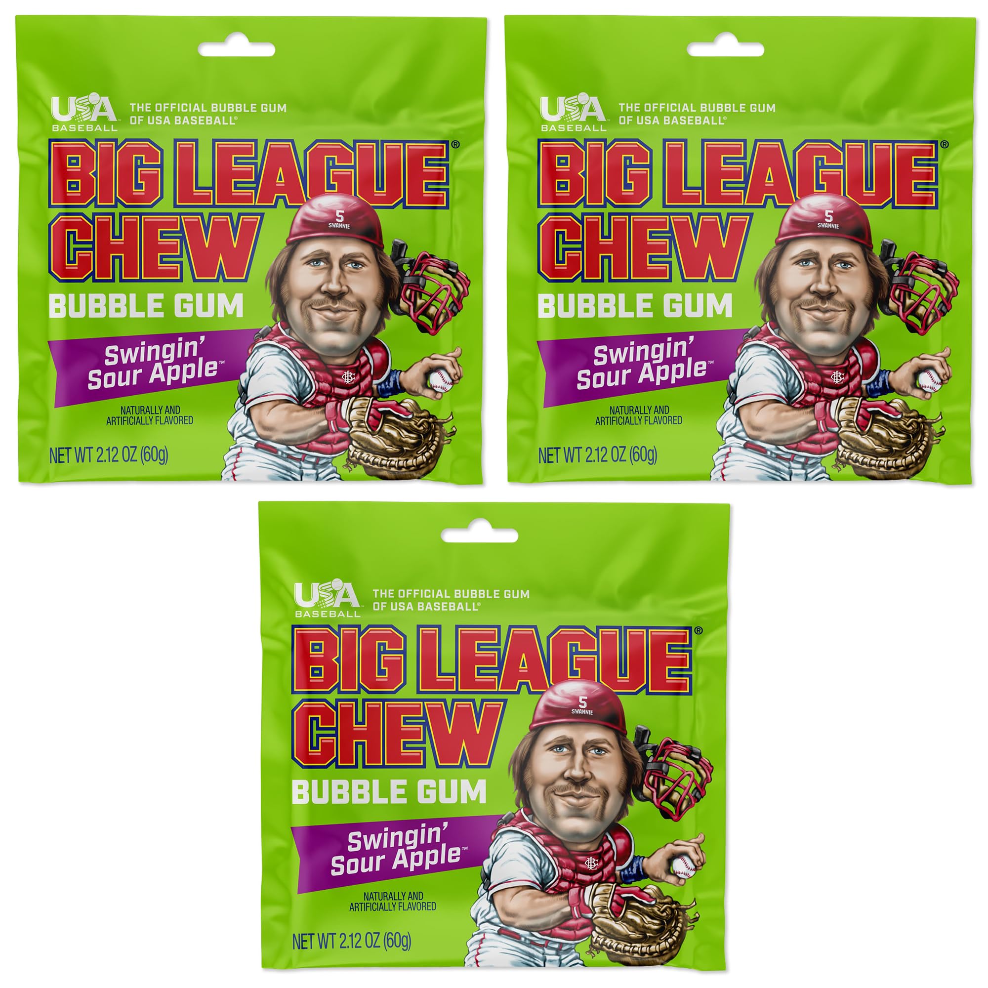 Big League Chew Sour Apple Bubble Gum 3-Pack - 2.12oz Packets - Swingin’ Sour Apple Baseball Gum - Big League Chew Baseball Candy Set for Treats