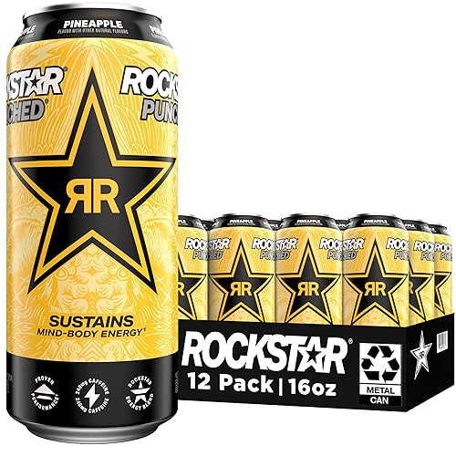 Rockstar Punched Energy Drink, Pineapple, 16 Fl Oz Cans (Pack of 12)