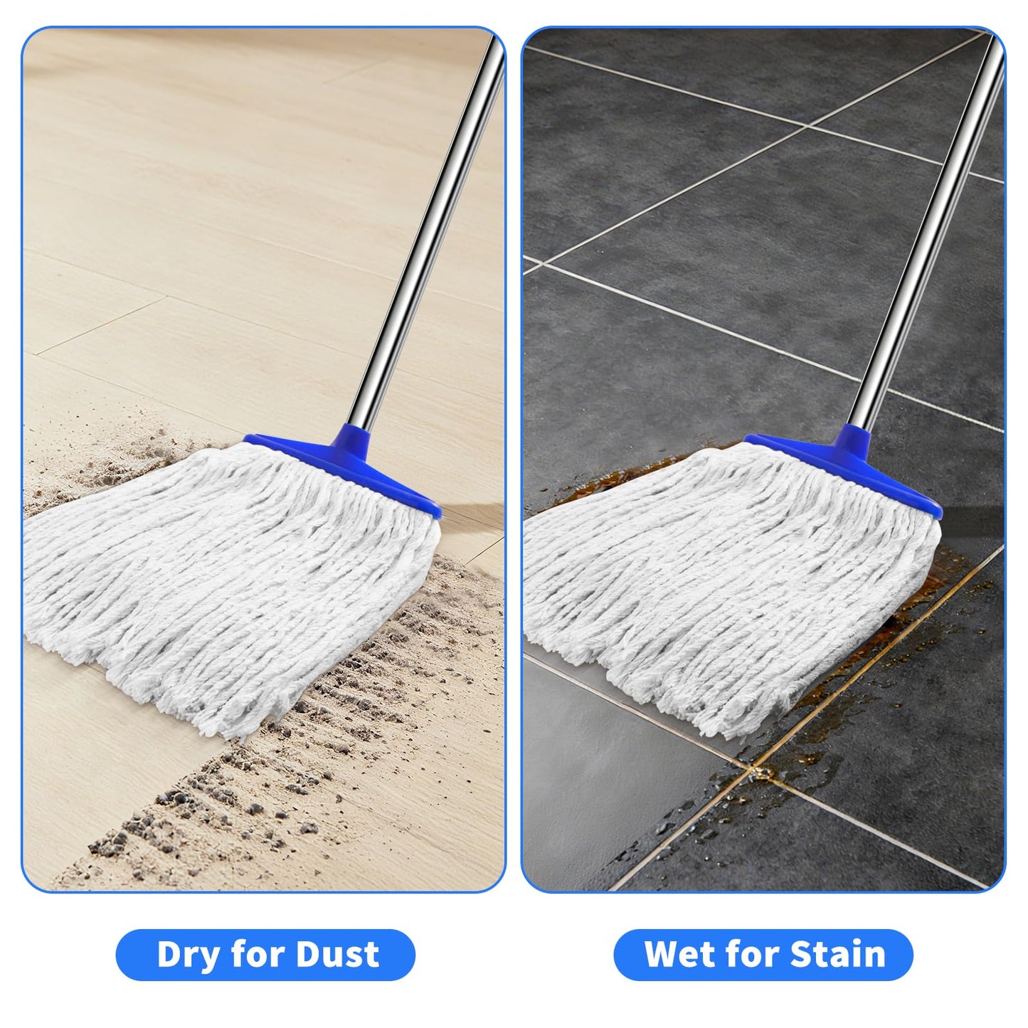 Indoor Cotton Mops for Floor Cleaning - Indoor Cleaning Mop for Wood Floors, Tile, Hardwood Floor, 52" Adjustable Stainless Steel Handle Mops to Clean