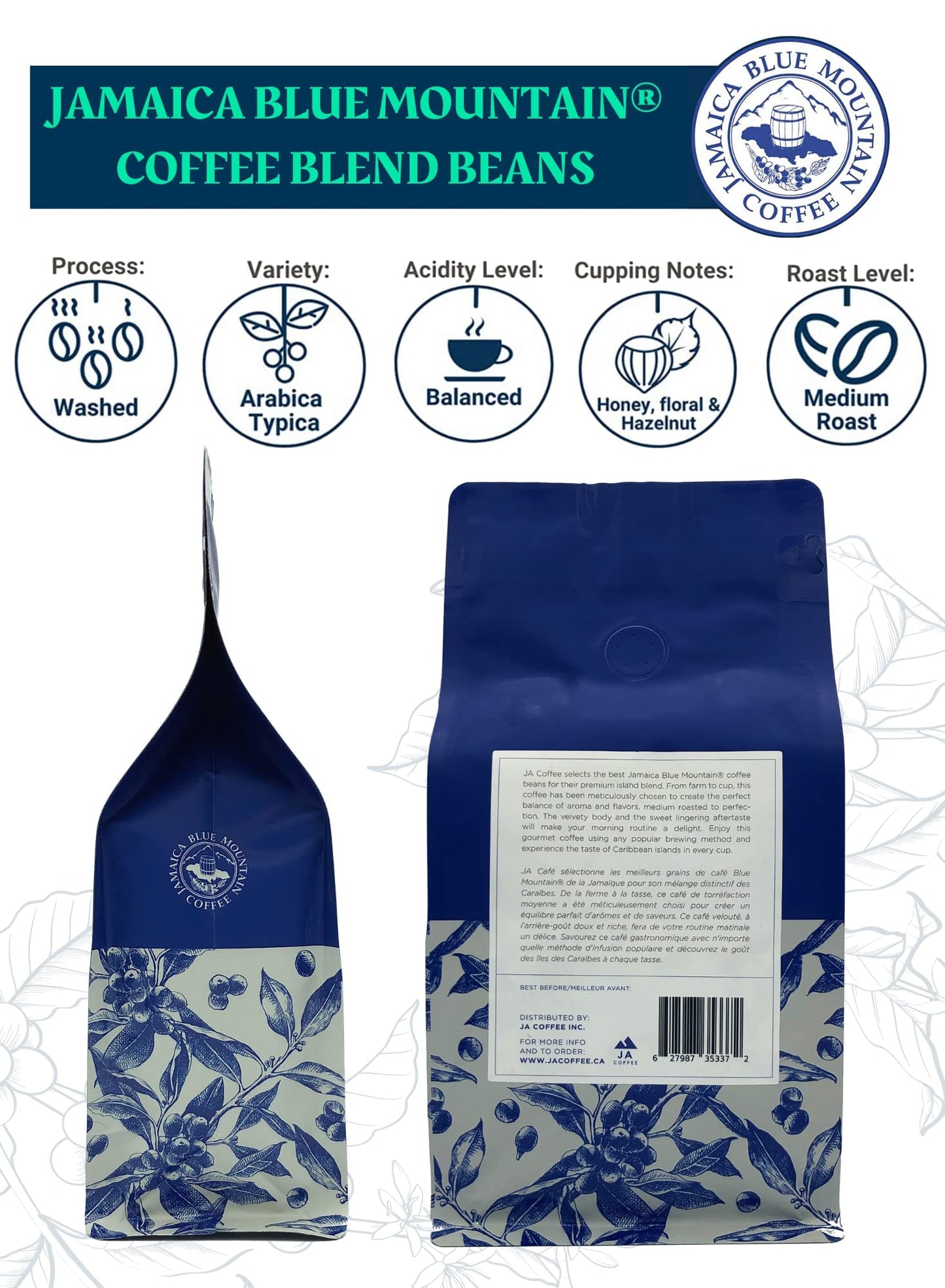 JA Coffee - Jamaica Blue Mountain Caribbean Coffee Blend, Medium Roast, Whole Beans - Premium Arabica, Bag of 454 Grams (1 Pound, 16 Ounces)