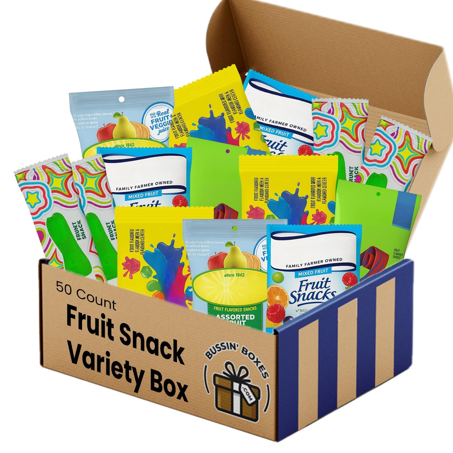 Fruit Snacks Bulk Pack - 50 Count Individually Wrapped Pouches - Shelf-Stable Snack for Kids and Adults - Assembled by Bussin Boxes