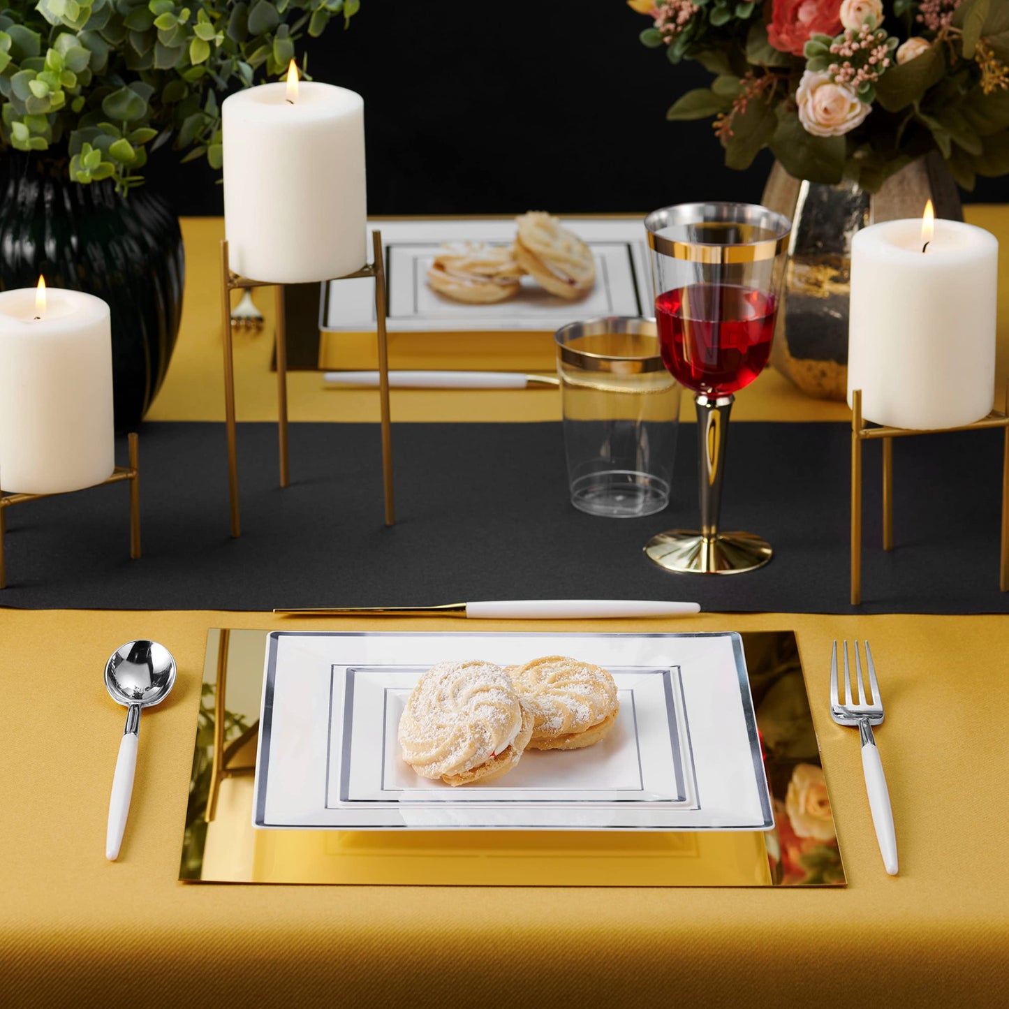 Gold Disposable Plates Set For 50 Guest - 350 Piece Silver Plastic Dinnerware Set - 100 Silver Rimmed Square Plastic Plates, 50 Silver Rimmed Plastic