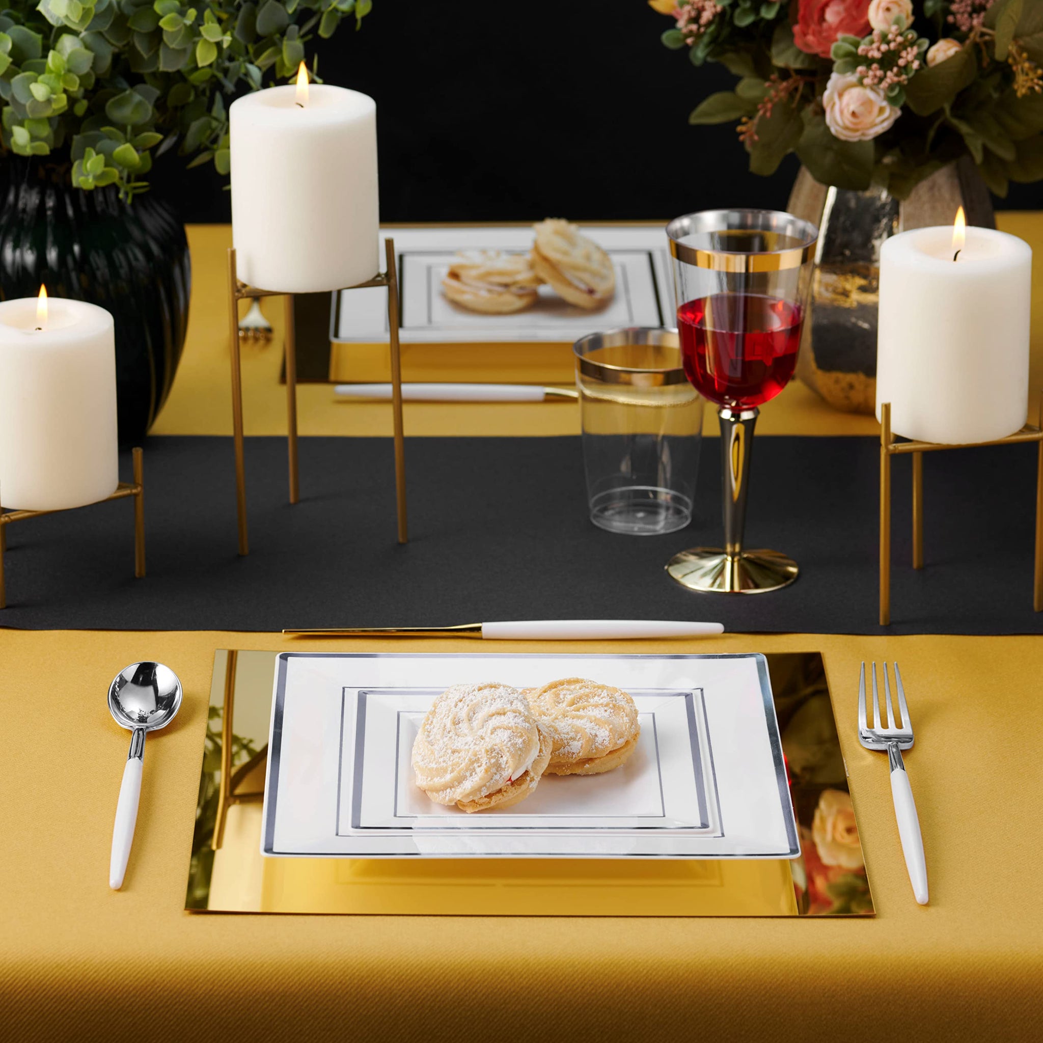 Gold Disposable Plates Set For 50 Guest - 350 Piece Silver Plastic Dinnerware Set - 100 Silver Rimmed Square Plastic Plates, 50 Silver Rimmed Plastic