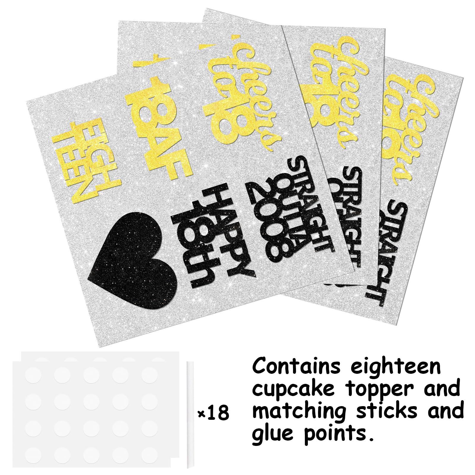 18pcs Black Gold Glitter Dessert Cupcake Pick for Straight Outta 2008 Cheer to 18 Years Old Theme Decor Supplies Happy 18th Birthday Party Decoration