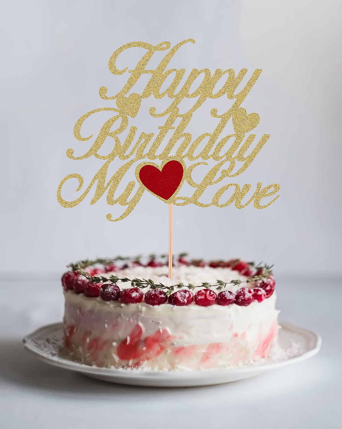 AHAORAY Happy Birthday My Love Cake Topper - Gold Glitter 'My Love' Birthday Party Cake Decoration - Lover Cake Topper with Heart for Wife, Husband