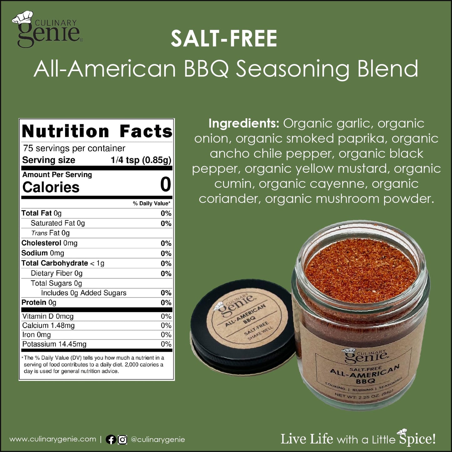 Culinary Genie Salt-Free All-American BBQ Seasoning Blend - Savory Grill Rub with a Hint of Smoke, No Salt or Sugar Added