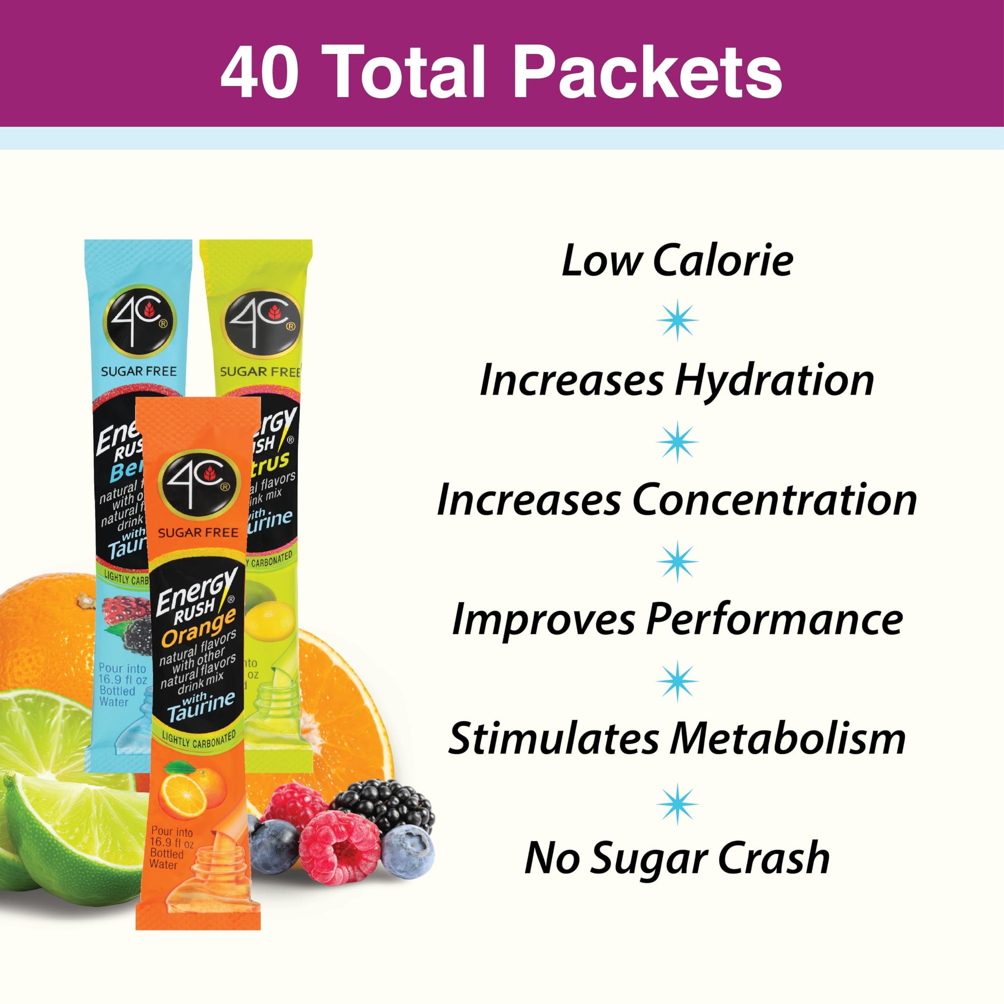 4C Energy Rush Stix, Variety 1 Pack, 40 Count, Single Serve Water Flavoring Packets, Sugar Free with Taurine, On the Go Bundle (20 Berry, 10 Orange