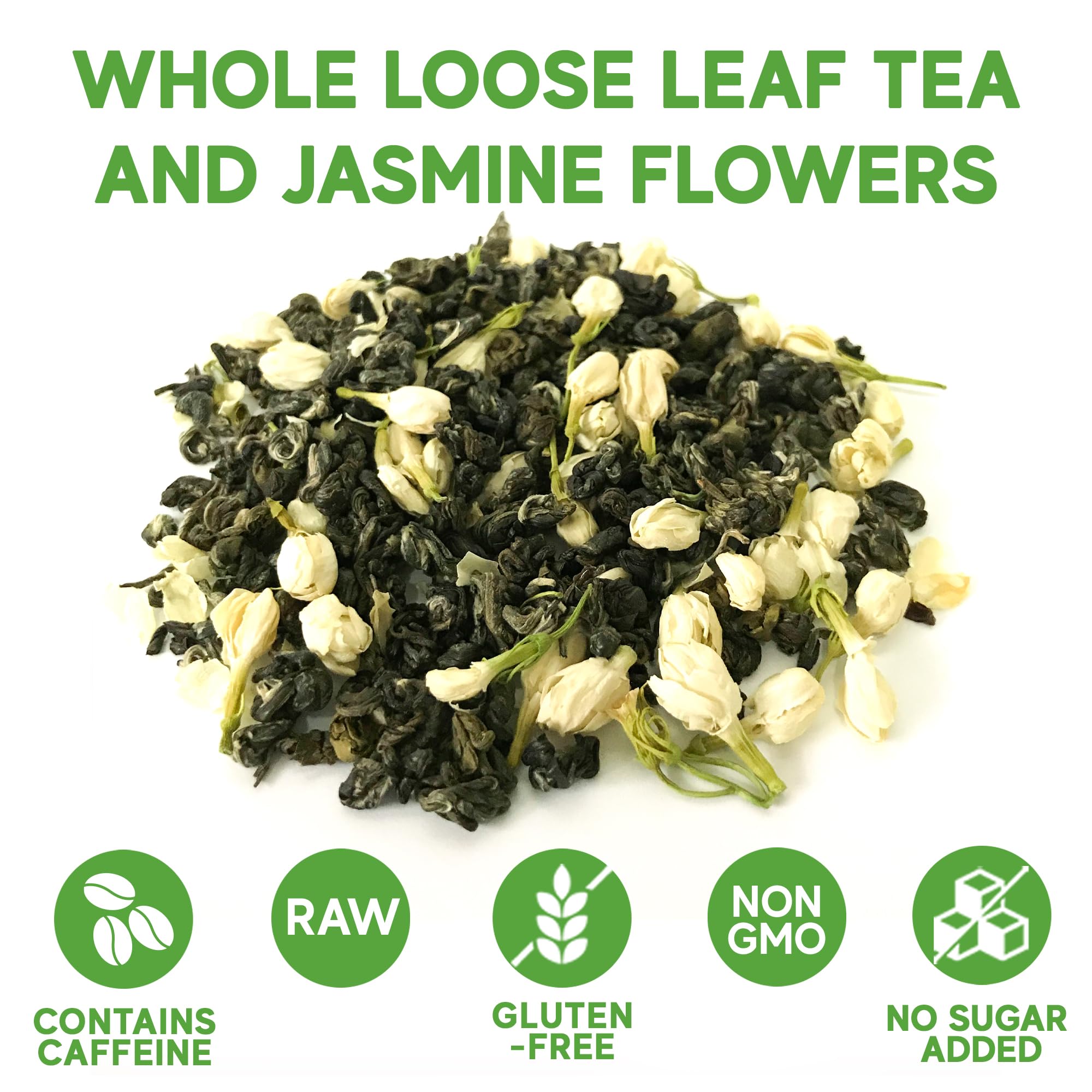 Sou Zen Jasmine Green Tea Loose Leaf Blend, 4oz | Green Tea Leaves with Jasmine Flowers | Fragrant Loose Leaf Jasmine Tea | Resealable Pouch | No