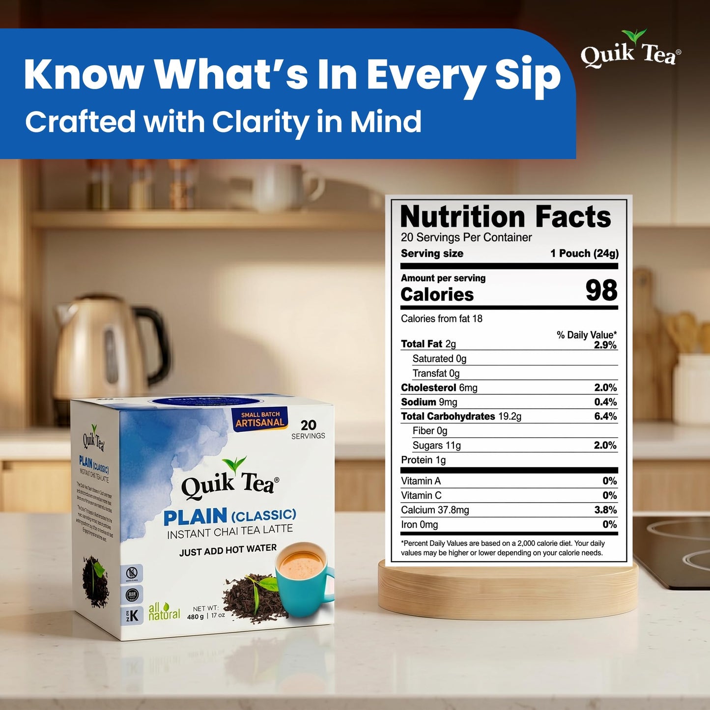QuikTea Instant Plain Chai Tea Latte, 20 Single-Serve Sachets, Artisanal Indian Chai Latte Mix, Just Add Hot Water, Low Caffeine, Non-GMO, Gluten Free