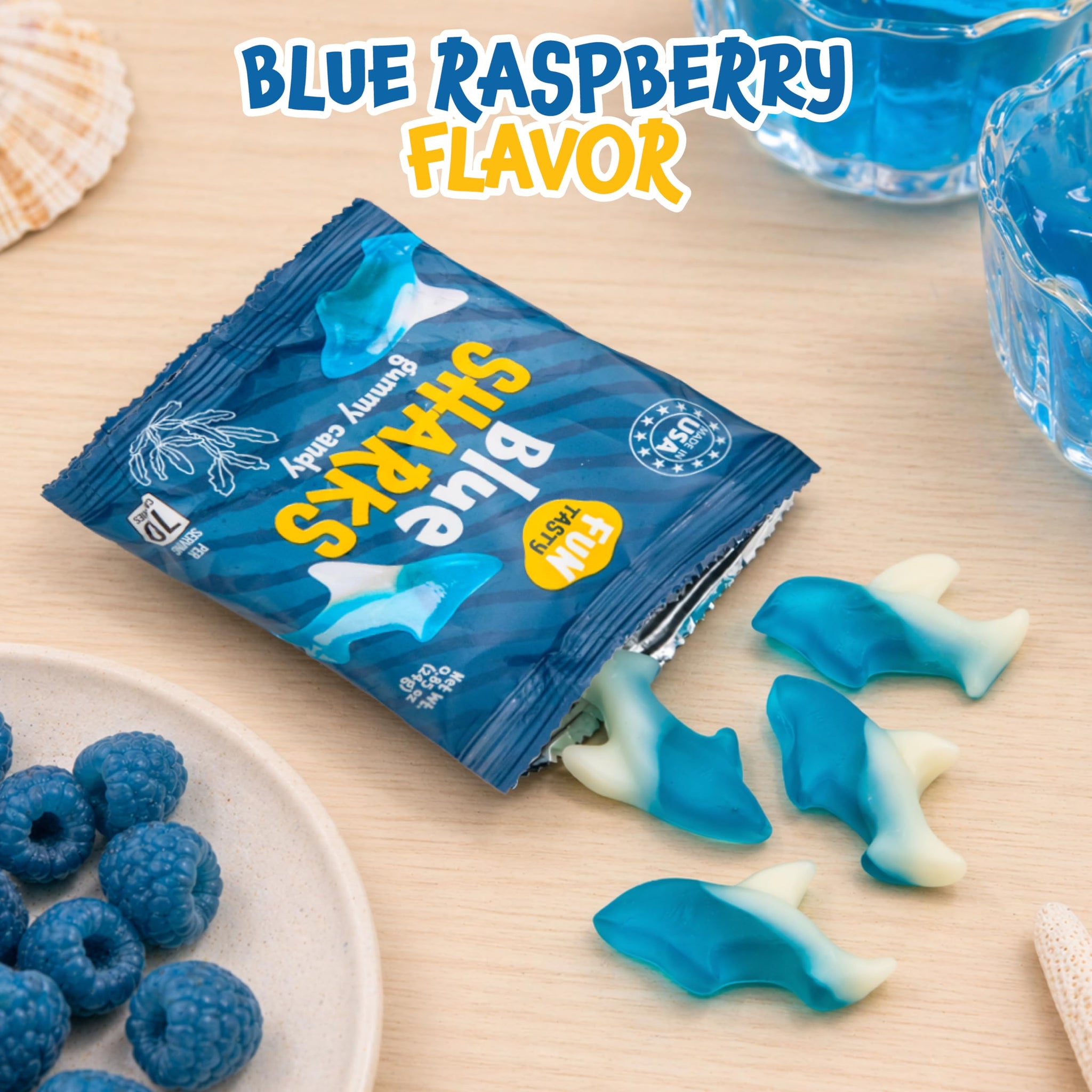 Gummy Sharks - 10 Packs - Blue Shark Gummies Individually Wrapped - Raspberry Marshmallow Flavor - Blue Candy for Goodie Bags, Gifting, Snacking
