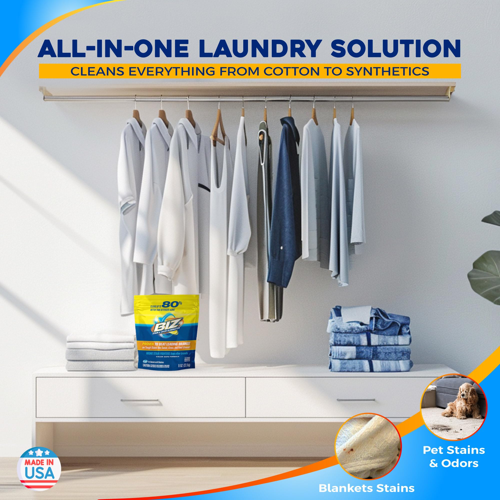 Biz Laundry Detergent Powder, Stain and Odor Eliminator for Tough Stains Like Grass Sweat and Food Grease, Powder Laundry Detergent, Color Safe, HE