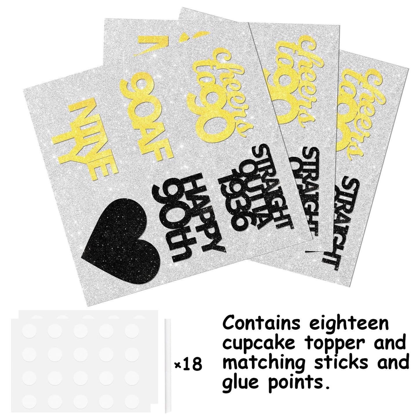 18pcs Black Gold Glitter Dessert Cupcake Pick for Straight Outta 1936 Cheer to 90 Years Old Theme Decor Supplies Happy 90th Birthday Party Decoration