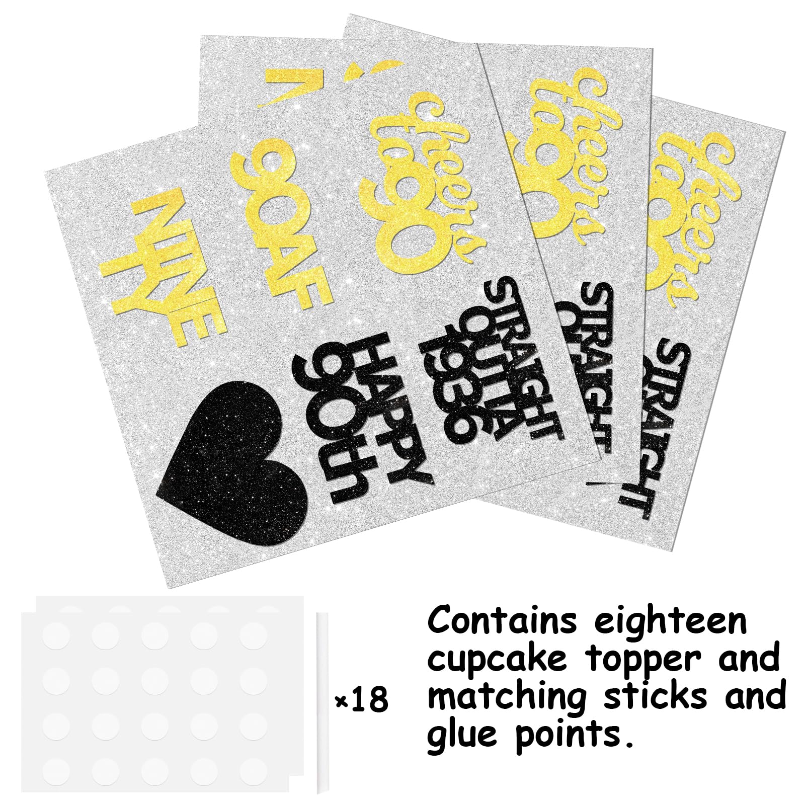 18pcs Black Gold Glitter Dessert Cupcake Pick for Straight Outta 1936 Cheer to 90 Years Old Theme Decor Supplies Happy 90th Birthday Party Decoration