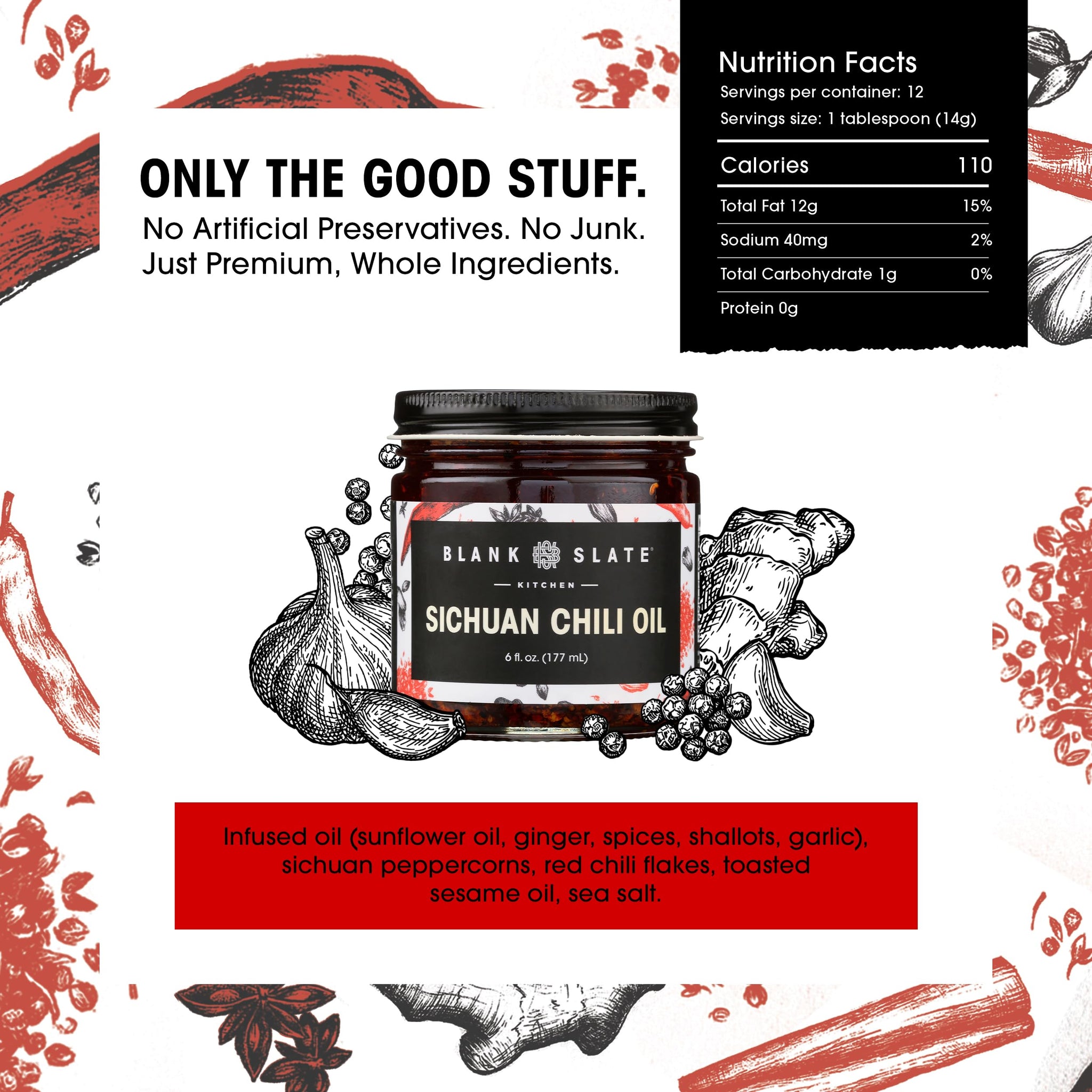 Blank Slate Kitchen Sichuan Chili Oil (6 Oz) | Gourmet Spicy Tingly Numbing Umami Hot Sauce | Authentic Chinese Mala | Vegan, Gluten-Free, Sugar-Free
