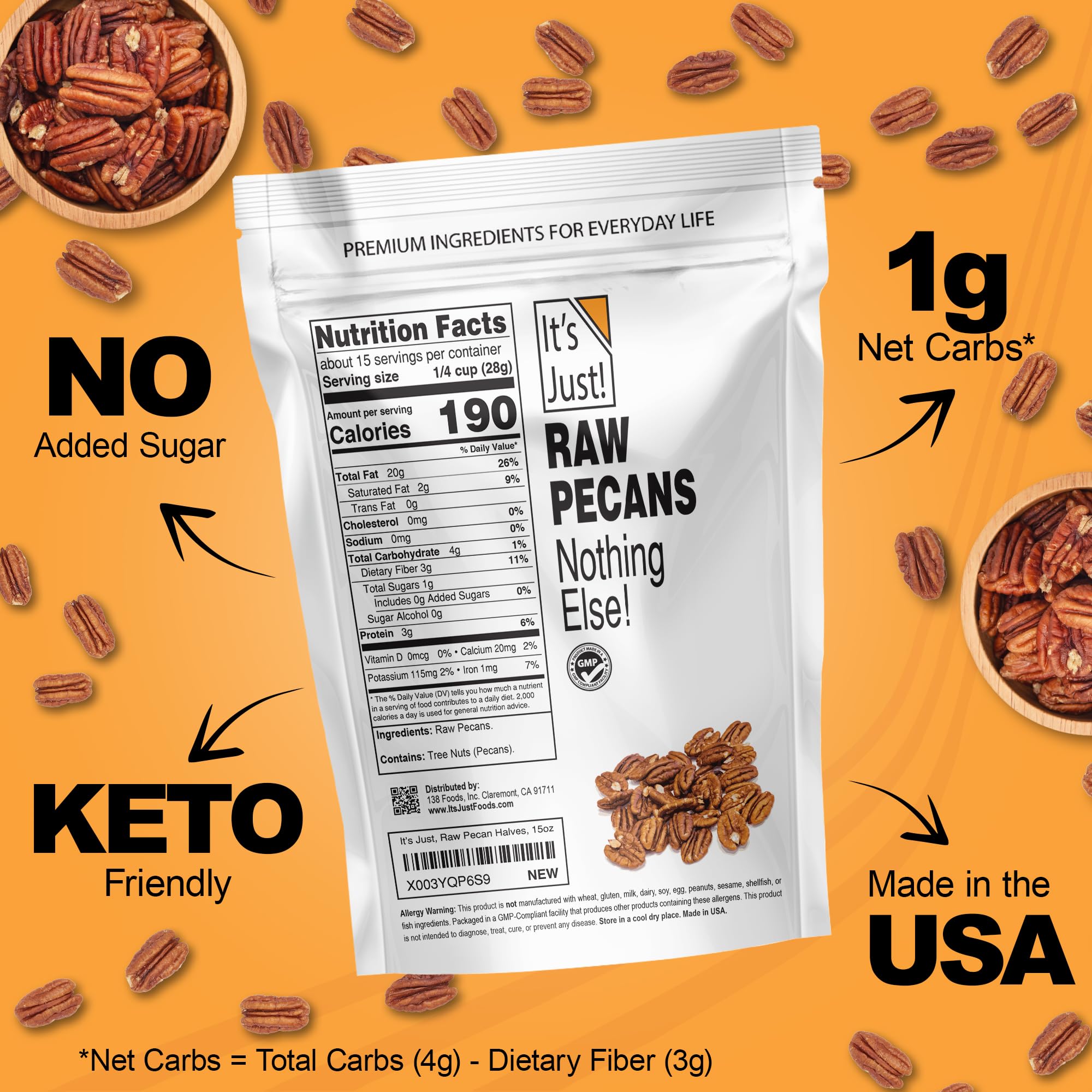 It's Just - Raw Pecans Halves, Unsalted, Jumbo XL, Ready to Eat or Roast, Fancy Premium Nuts, Product of USA (15 Ounce (Pack of 1))