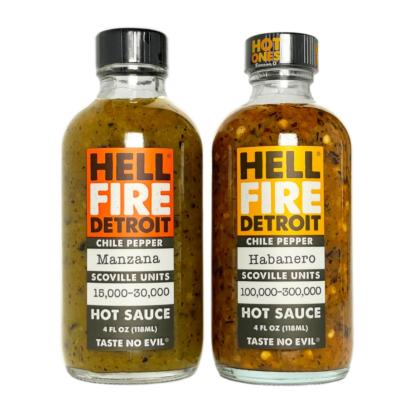 Hell Fire Detroit Manzana & Habanero Combo (Hot) Hot Sauce, Crafted with Fresh, Fire-Roasted Chile Peppers, All-Natural, Vegan, Gluten-Free, Low