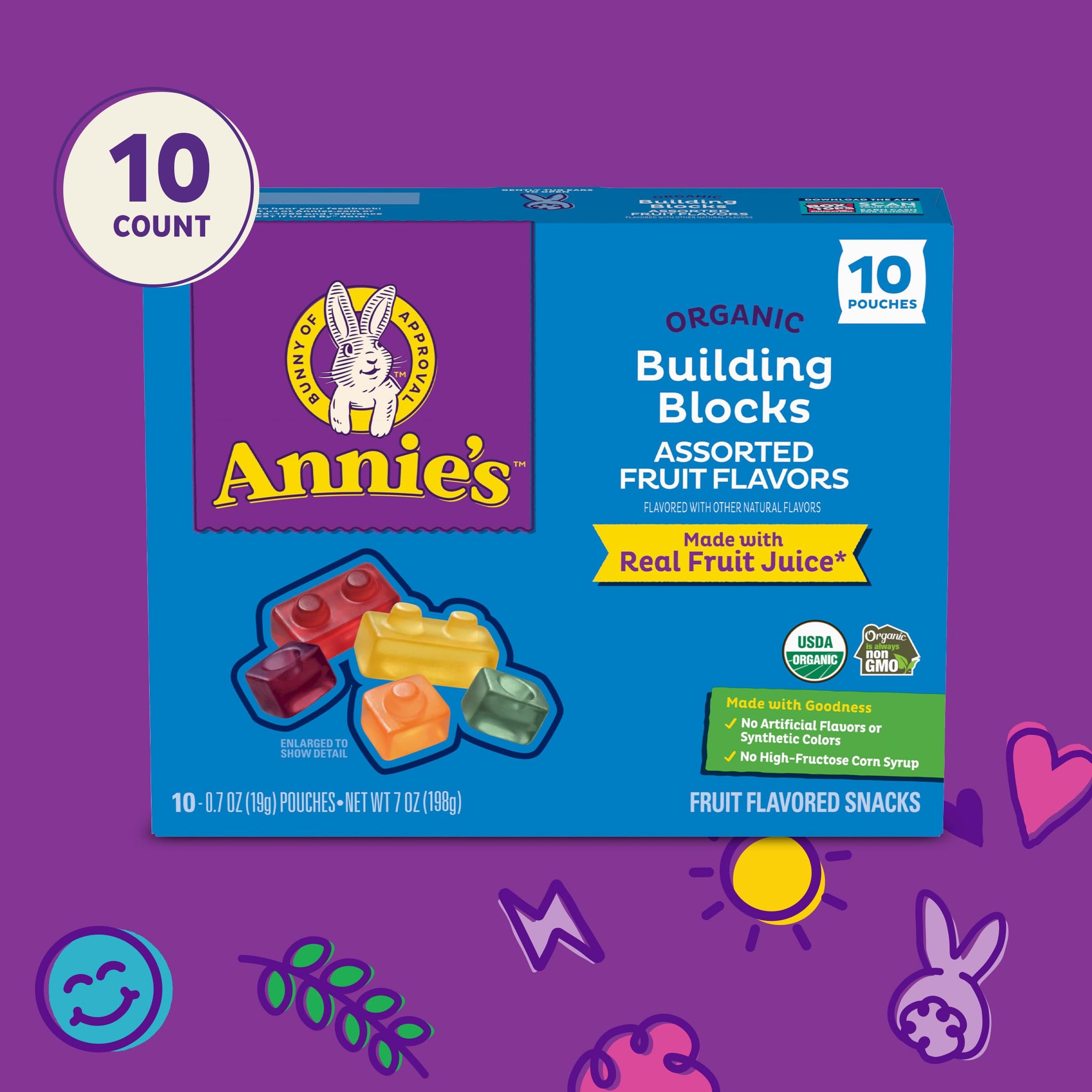 Annie's Organic Building Blocks Fruit Flavored Snacks, Assorted Fruit Flavors, Gluten Free, 10 Pouches, 7 oz