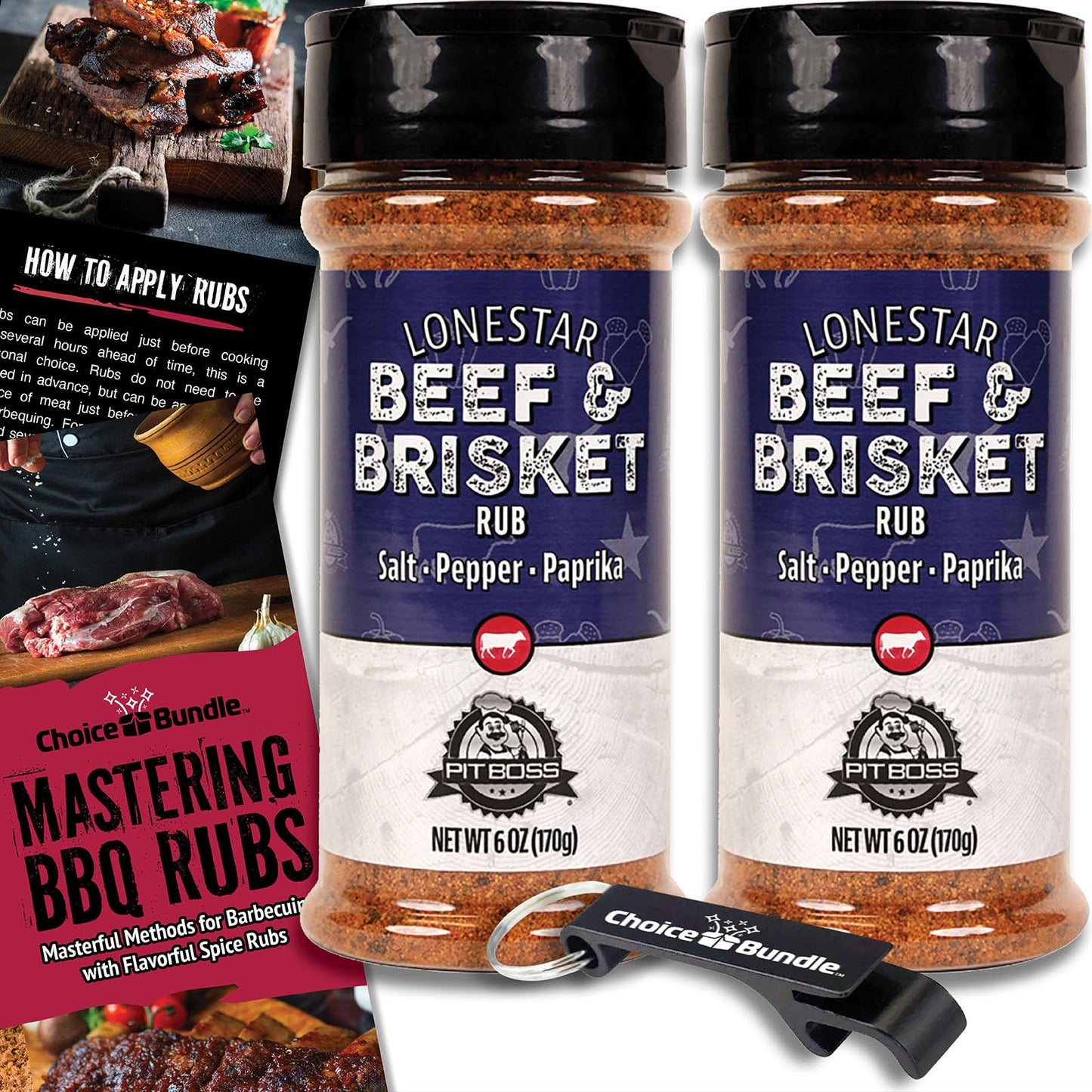 Pit Boss Lonestar Beef & Brisket - Texas Style Premium BBQ Barbecue Mixed Seasoning Spice & Rub 2 pk Choice Bundle (12 oz) + Guide & Bottle Opener (4