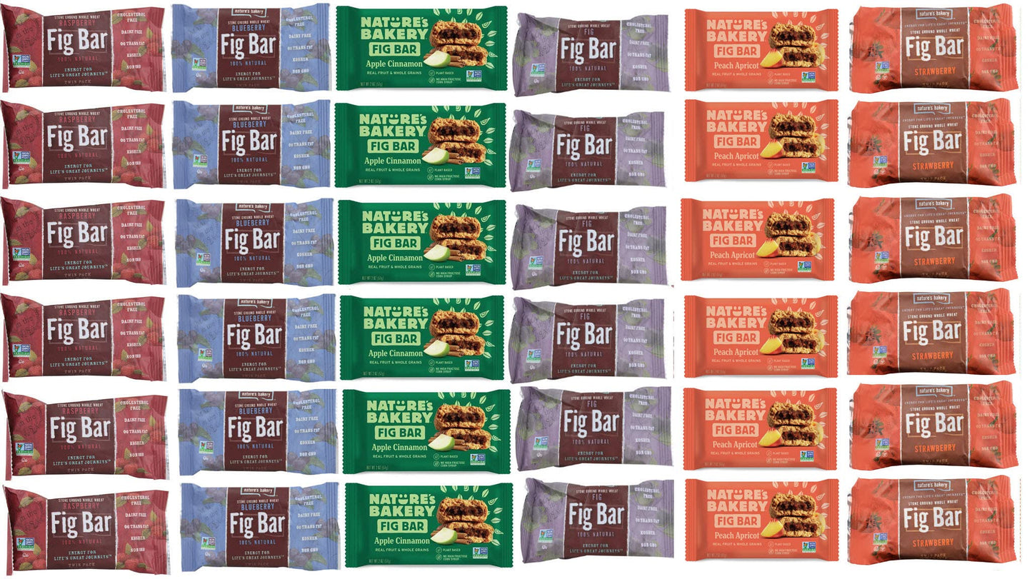 Nature's Bakery Fig Bars Variety Pack. Bundle of 6 Boxes with 36 Individually Wrapped Bars. Flavors Include: Blueberry; Strawberry; Peach; Raspberry