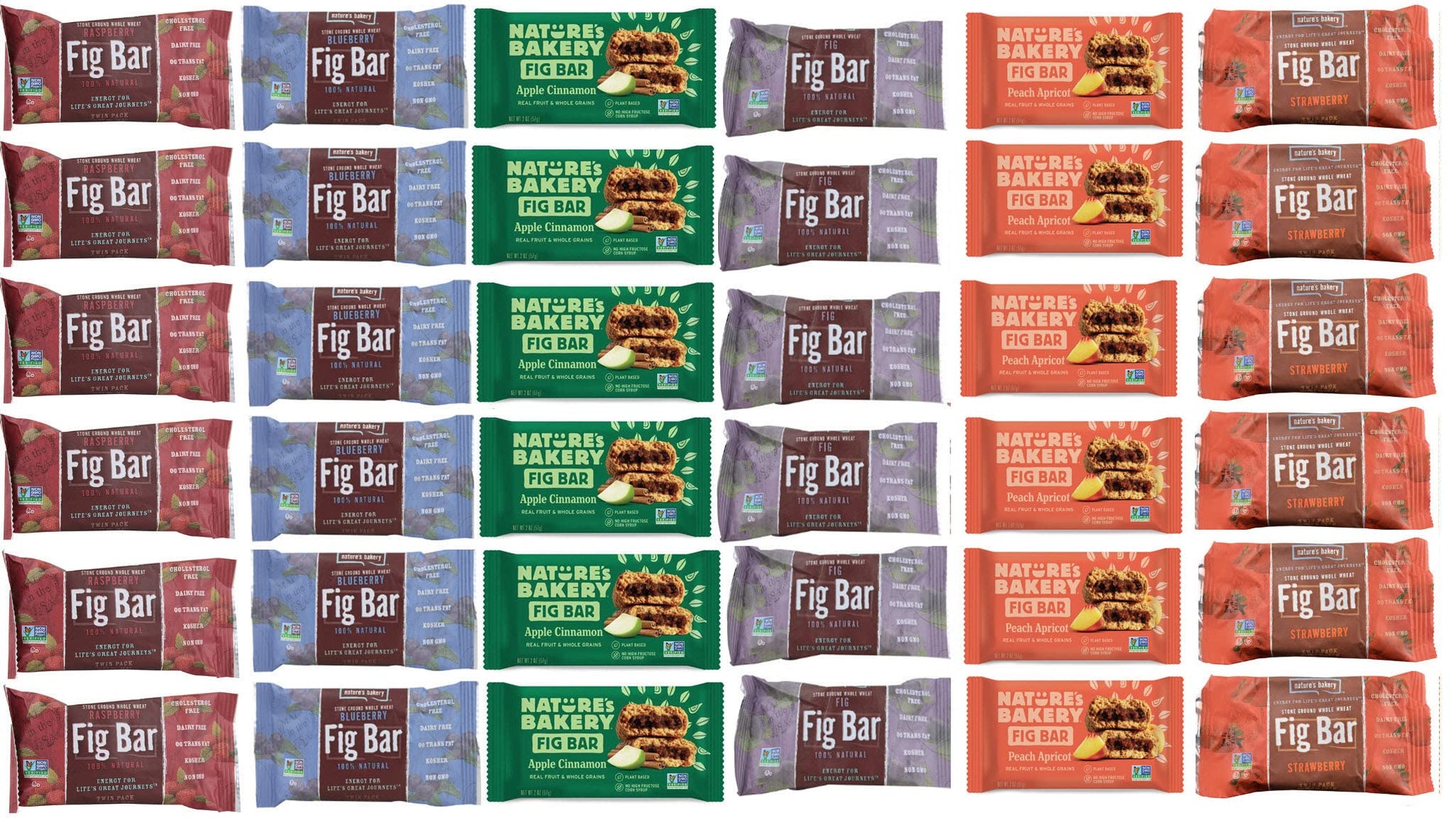 Nature's Bakery Fig Bars Variety Pack. Bundle of 6 Boxes with 36 Individually Wrapped Bars. Flavors Include: Blueberry; Strawberry; Peach; Raspberry