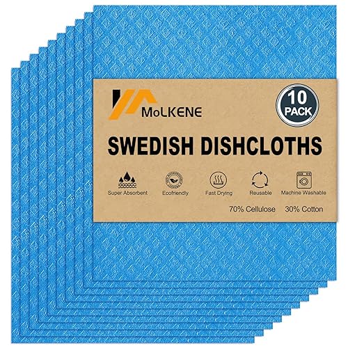 MoLKENE Swedish Dishcloths - 10 Pack Reusable Kitchen Dishcloths - Ultra Absorbent Dish Towels for Washing Dishes - Cellulose Sponge Cloth Cleaning