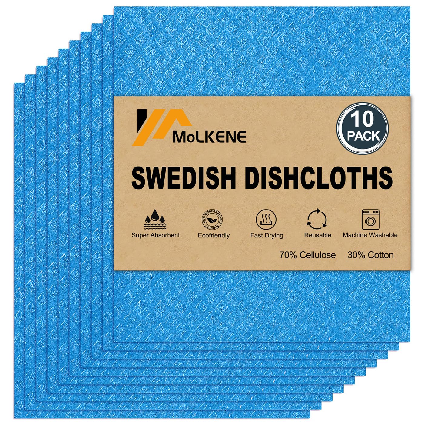 MoLKENE Swedish Dishcloths - 10 Pack Reusable Kitchen Dishcloths - Ultra Absorbent Dish Towels for Washing Dishes - Cellulose Sponge Cloth Cleaning