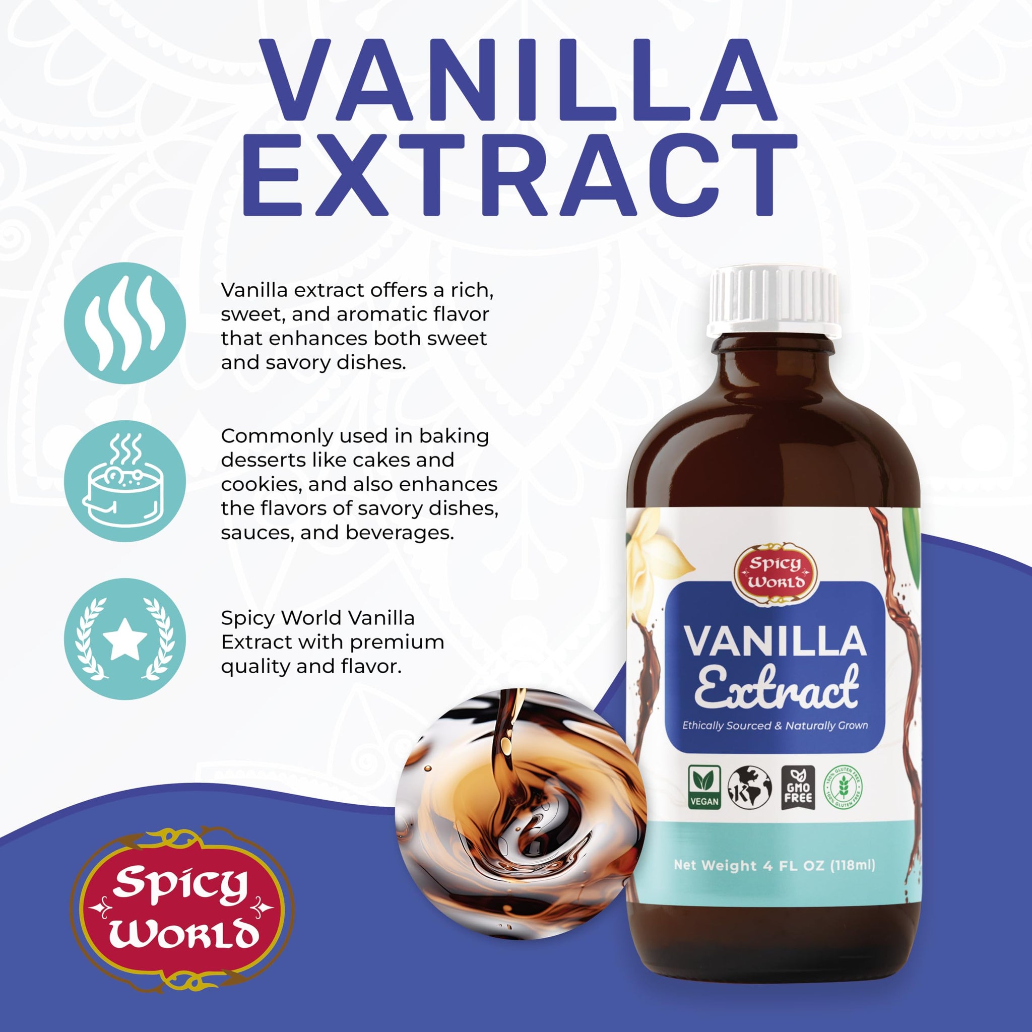 Spicy World Pure Vanilla Extract 4oz - 100% Real Vanilla Extract - Made from Grade B Vanilla Beans - For Cooking, Drinks & Desserts - 100% Vegan