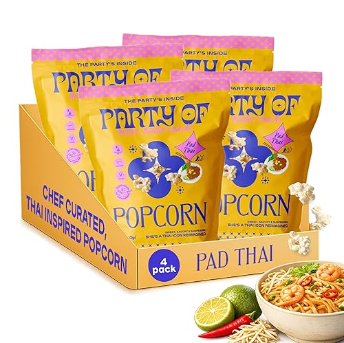 Party of Pad Thai Popcorn - Flavored Gluten-Free Snack Made from Veggie Ingredients, Individually Wrapped, Salted Variety Bags for Sharing, Movie