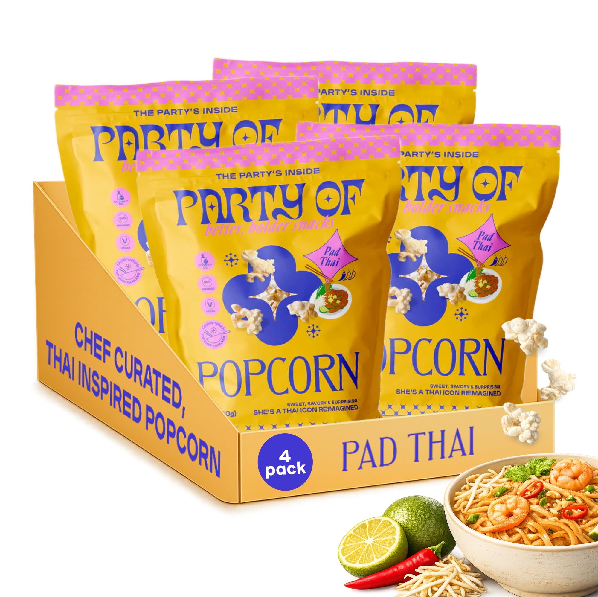 Party of Pad Thai Popcorn - Flavored Gluten-Free Snack Made from Veggie Ingredients, Individually Wrapped, Salted Variety Bags for Sharing, Movie