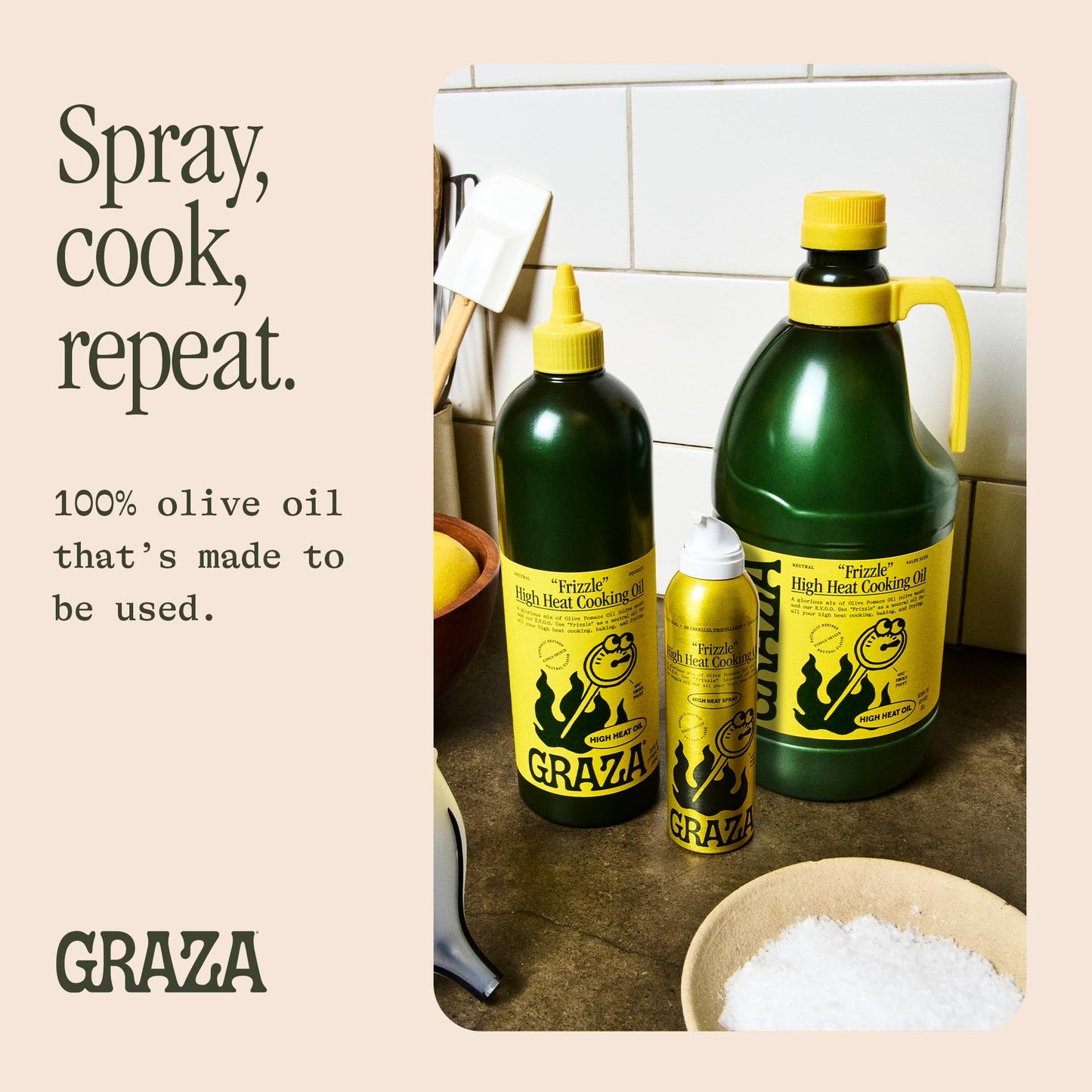 Graza Frizzle High Heat Cooking Oil Spray - Cooking Oil with a High Smoke Point & Neutral Flavor in a Spray Bottle for Frying, Baking & Grilling - Oil Made from 100% Olives - 5 oz (148ml)
