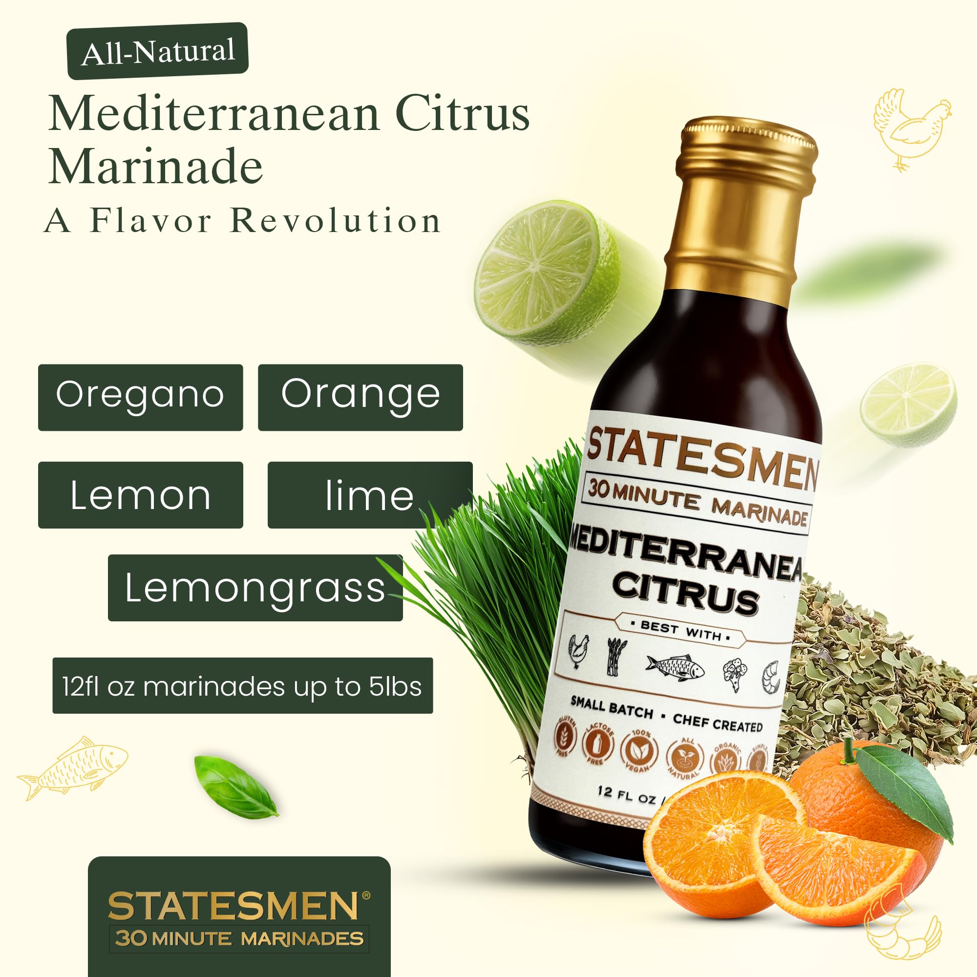 Statesmen Mediterranean Citrus 30 Minute Marinade, 12 oz - Gluten-Free, Vegan, Lactose-Free Herb & Citrus Marinade for Chicken, Fish, Shrimp