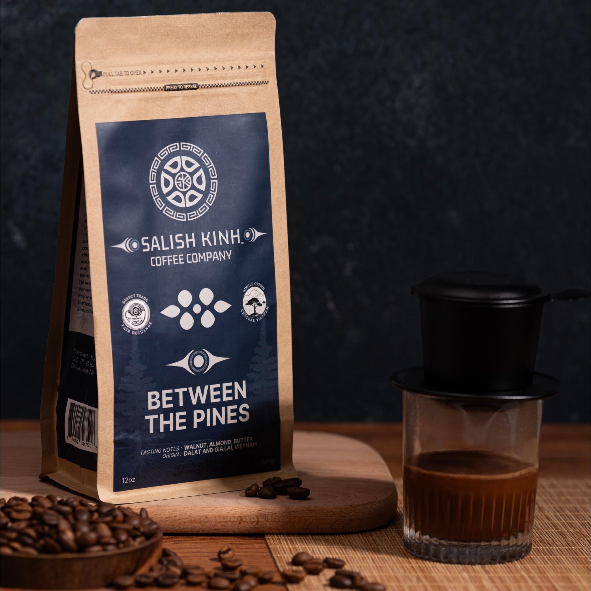 SALISH KINH Whole Bean Coffee | Between the Pines | 12 oz Bag | Medium Dark Roast | 60% Arabica & 40% Robusta | Specialty Grade | Single Origin |