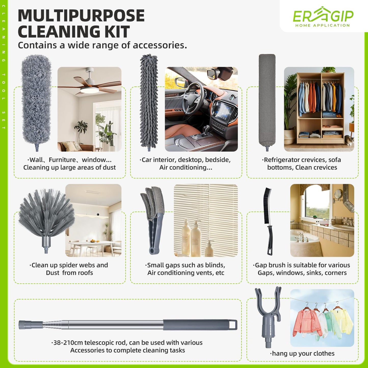 Extendable Feather Duster with Extension Pole 30 to 100 Inches, 11 Pcs Cleaning Kit with Microfiber Feather Dusters, Crevice Cleaning Brush