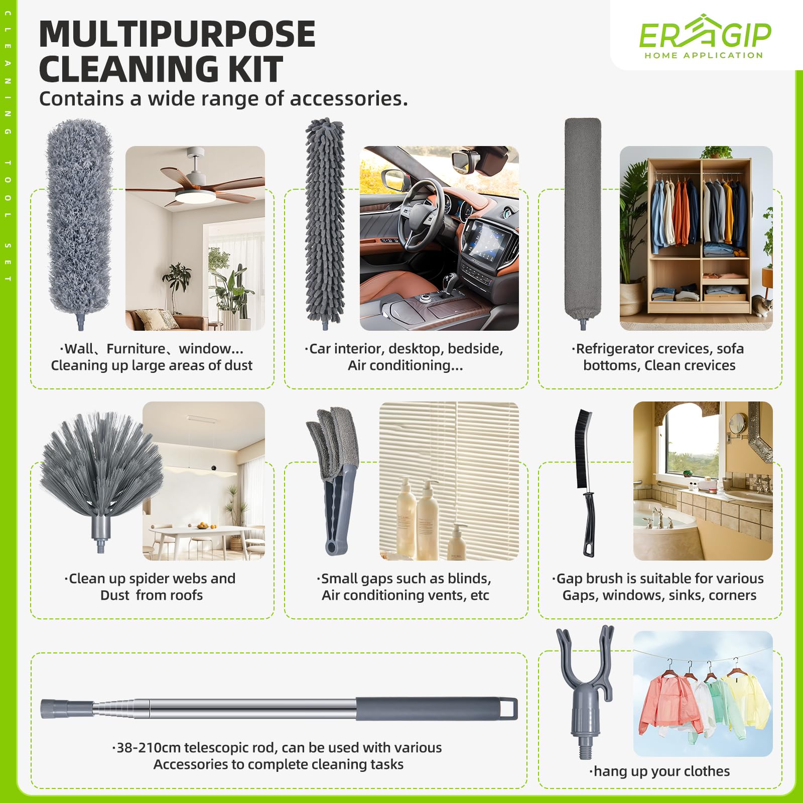 Extendable Feather Duster with Extension Pole 30 to 100 Inches, 11 Pcs Cleaning Kit with Microfiber Feather Dusters, Crevice Cleaning Brush