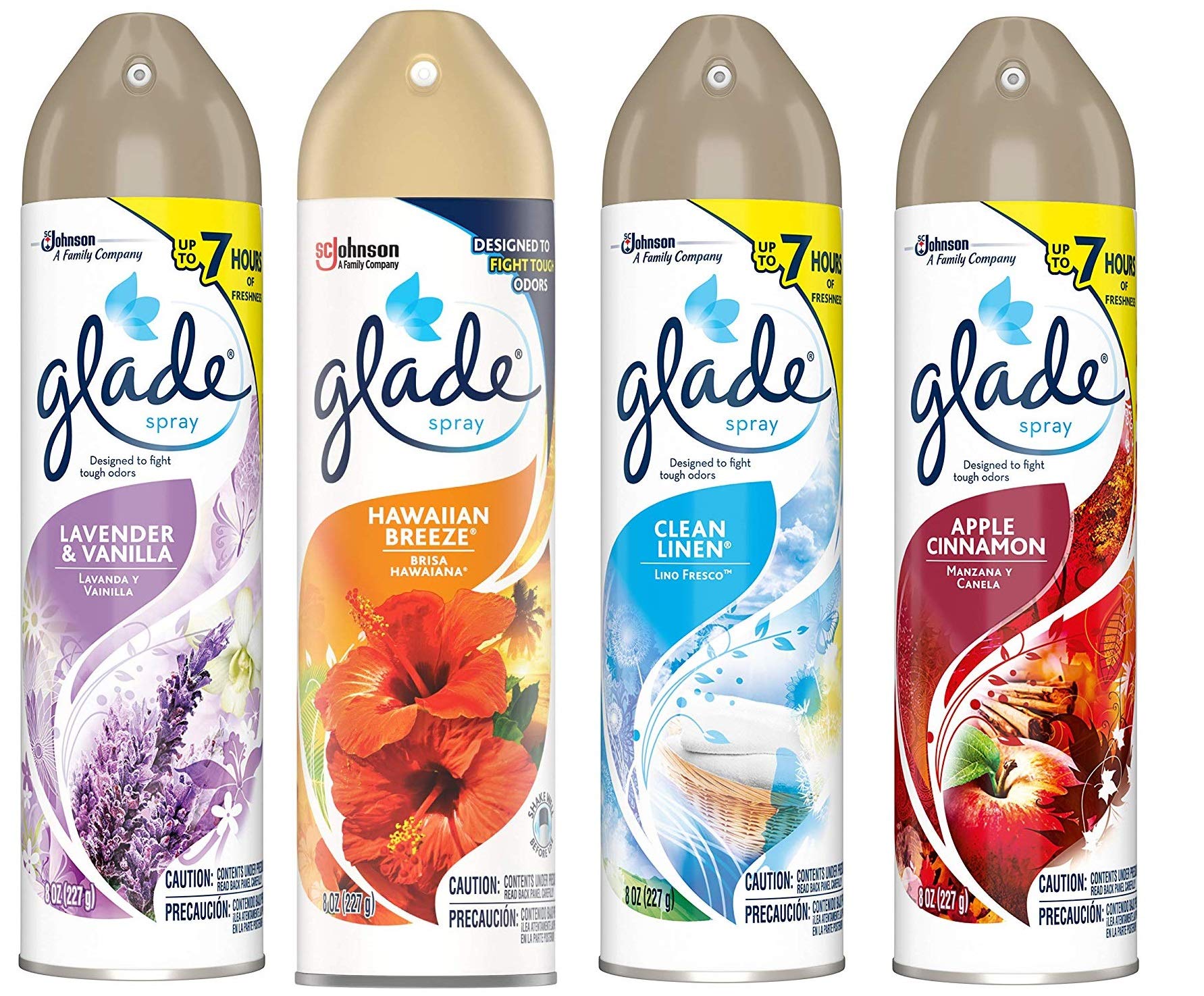 Glade Air Freshener Spray 8 Oz Collection 4 Flavors: Lavender & Peach Blossom, Hawaiian Breeze, Clean Linen & Apple Cinnamon. Pack of 4.