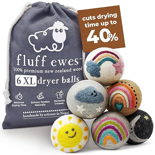 Hustle & Blush Fluff Ewes Wool Dryer Balls 6 Pack - XL Rainbow or Shine Premium New Zealand Laundry Set, Reduces Drying Time, Static Control, Chemical