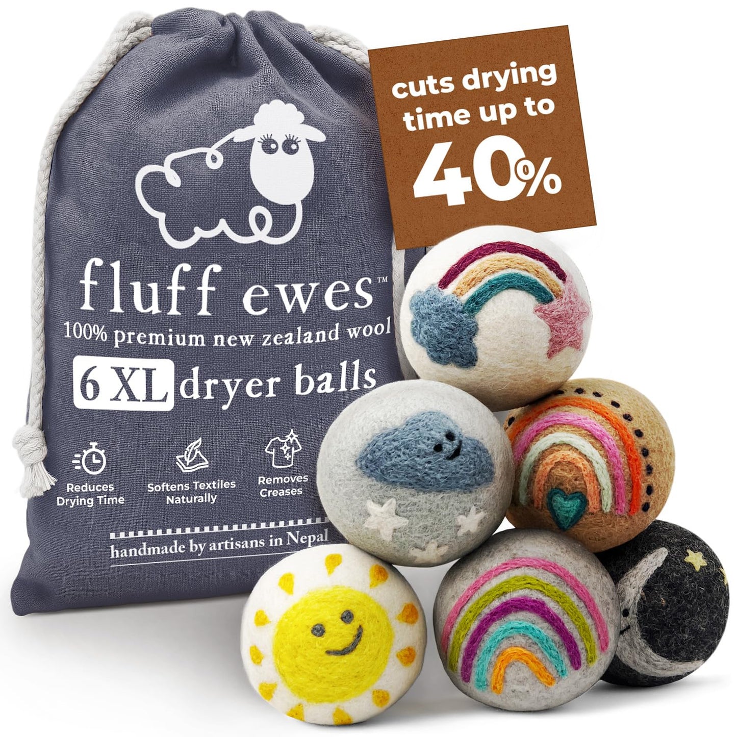 Hustle & Blush Fluff Ewes Wool Dryer Balls 6 Pack - XL Rainbow or Shine Premium New Zealand Laundry Set, Reduces Drying Time, Static Control, Chemical