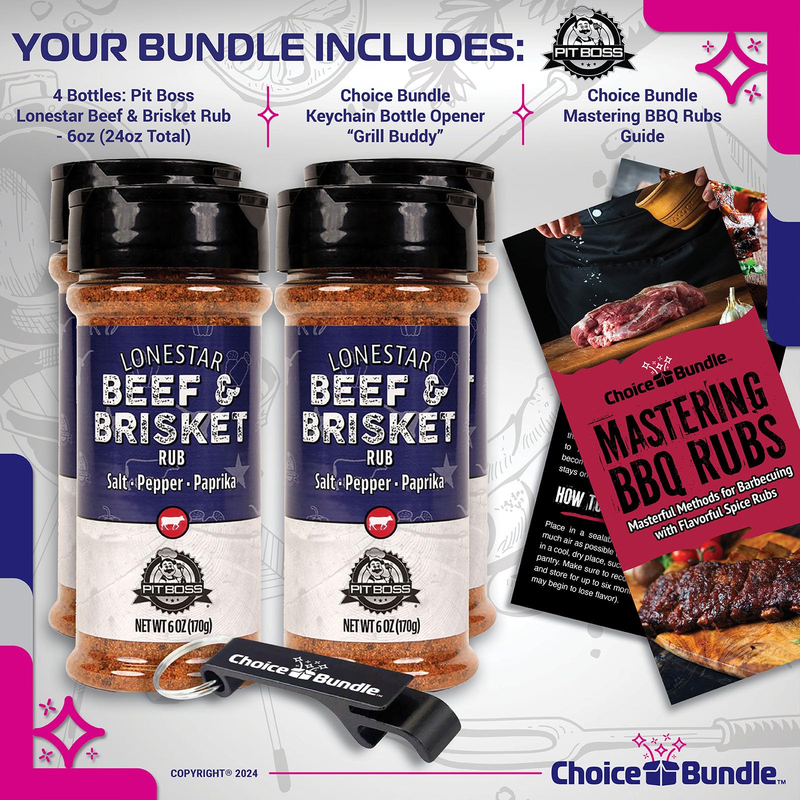 Pit Boss Lonestar Brisket - Texas Style Premium BBQ Barbecue Mixed Seasoning Spice & Rub 4 pk Choice Bundle (24 oz) + Guide & Bottle Opener (6 Items)!