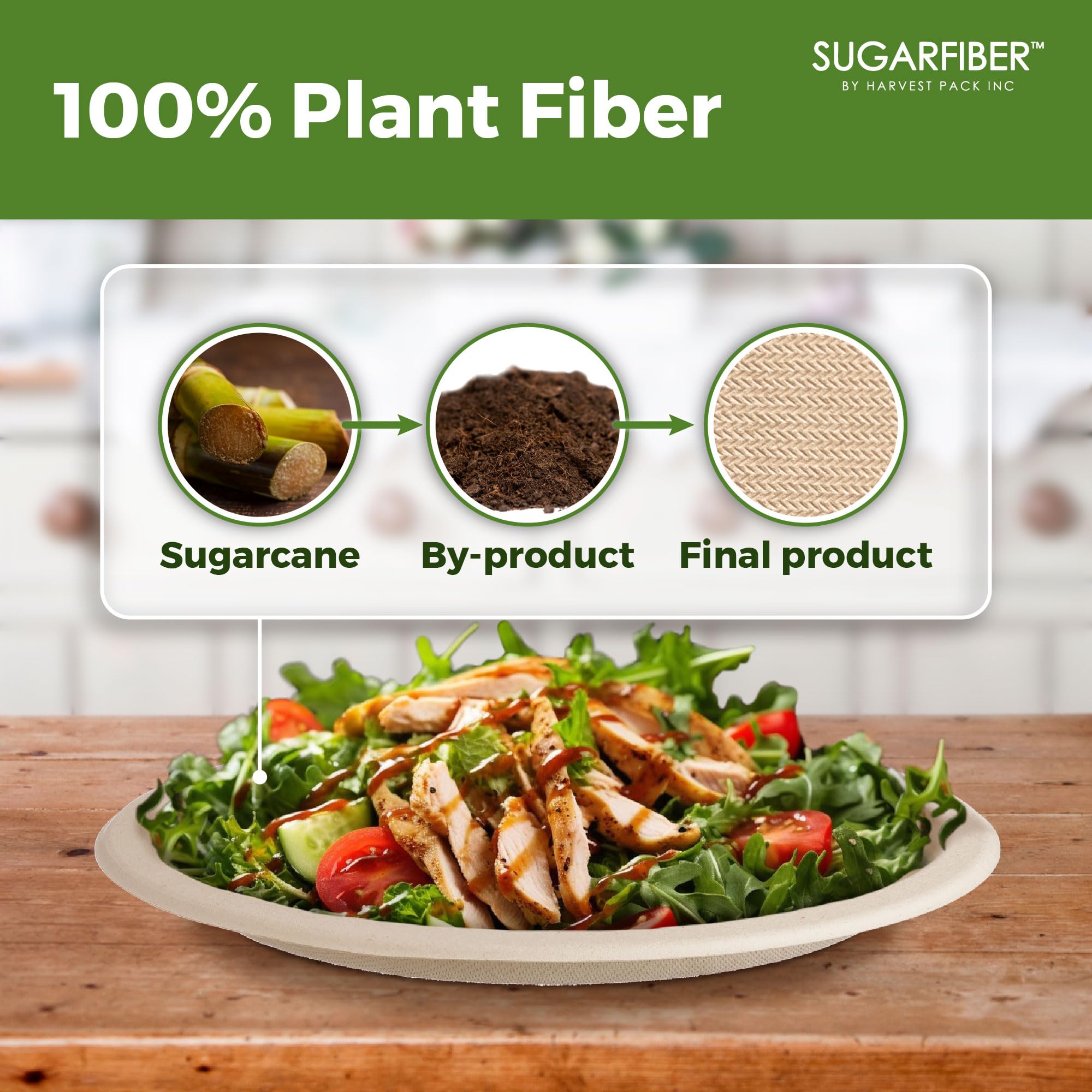 [100 COUNT]Harvest Pack PFAS FREE 9 inch Compostable Paper Plates, Round Disposable Heavy-Duty Natural Bagasse Biodegradable Dinner Plates, Large