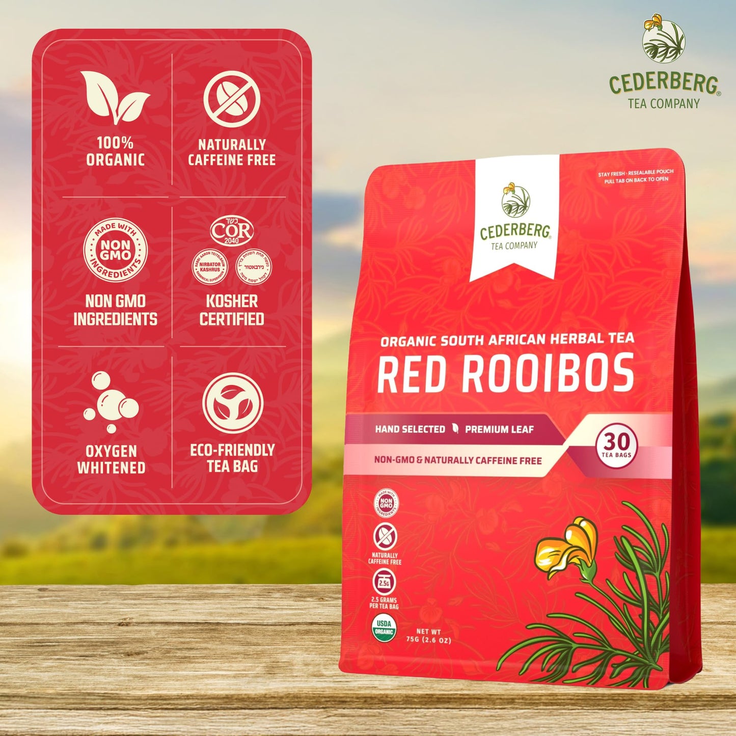 Cederberg Tea Company Red Rooibos Tea Bags USDA Certified South African Organic Herbal Tea, Naturally Caffeine Free Tea, Non-GMO, Premium Leaf, Rich