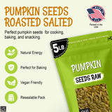 Oh! Nuts Pepitas Raw Unsalted Pumpkin Seeds - Resealable 5-Pound Bulk Bag - All-Natural Protein Power - Fresh, Healthy Snacks - Unshelled Pepitas