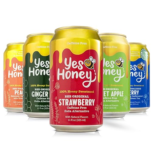 Yes Honey Sparkling Tea & Soda Variety Pack, 5 Flavors, 11oz Cans, 100% Honey-Sweetened, Functional Teas & Caffeine-Free Sodas, Alpha Gal Friendly