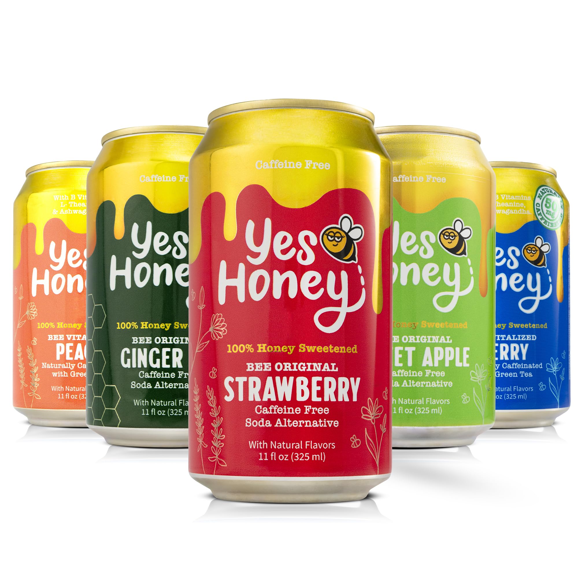 Yes Honey Sparkling Tea & Soda Variety Pack, 5 Flavors, 11oz Cans, 100% Honey-Sweetened, Functional Teas & Caffeine-Free Sodas, Alpha Gal Friendly