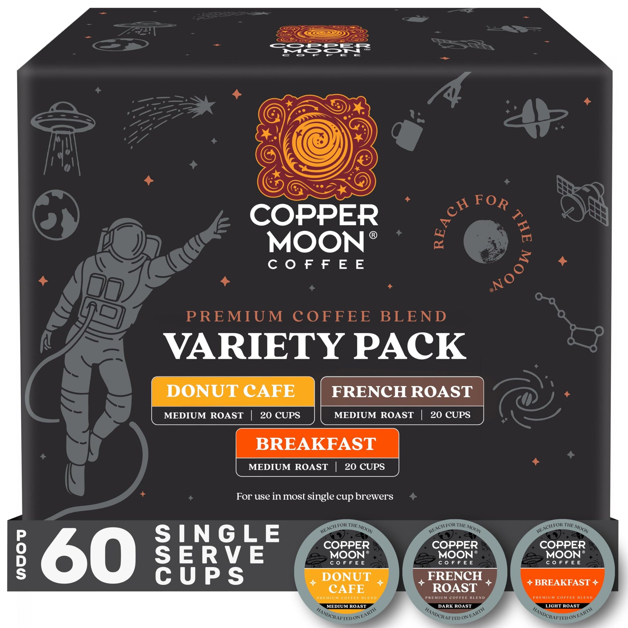 Copper Moon Single Serve Coffee Pods for Keurig K-Cup Brewers, Variety Pack (Breakfast, Donut Cafe, French Roast), 60 Count