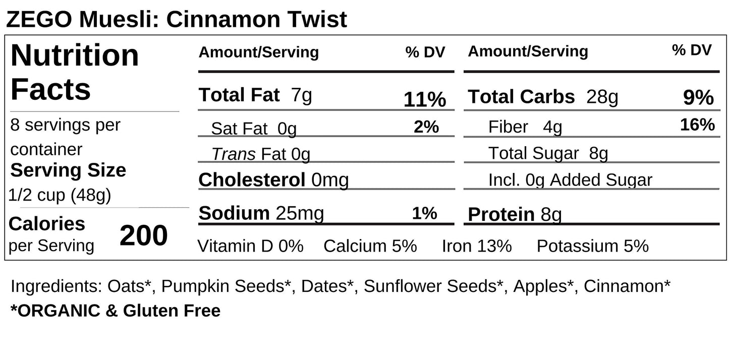 ZEGO Foods Organic Superfood Oatmeal & Muesli, Certified Gluten Free (Cinnamon Twist) 13oz